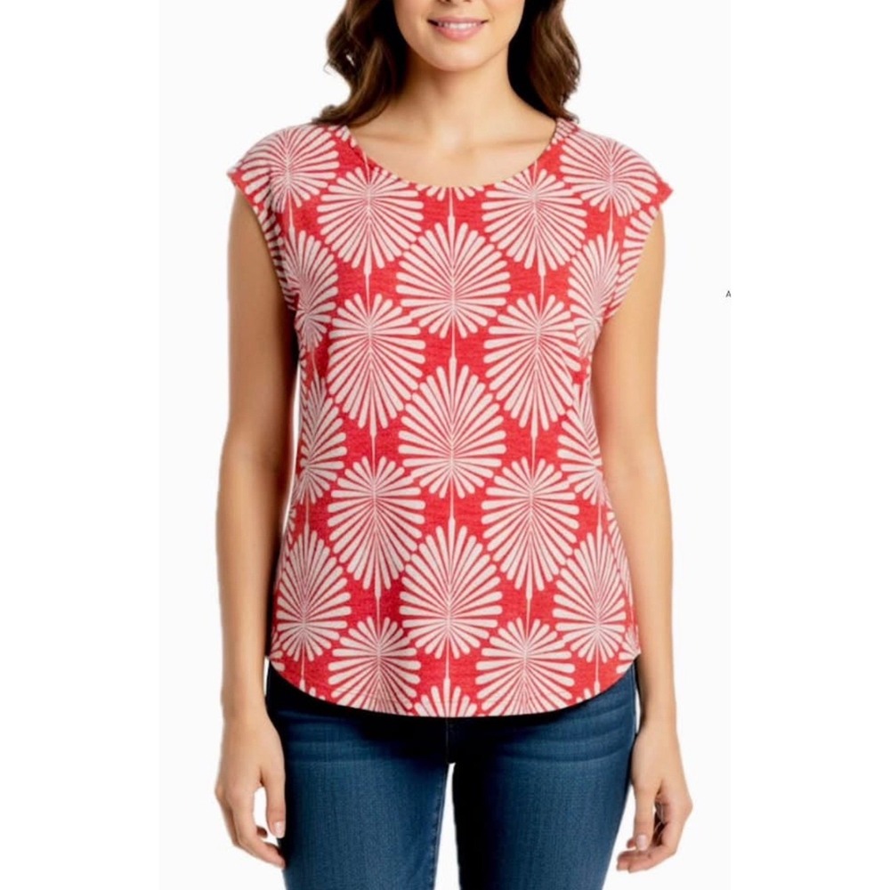 Joie Womens 100% linen Red White Leaf Print Cap Sleeve Button Back Top XL